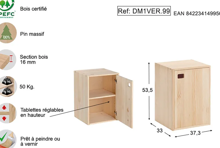 Armoire en pin brut 1 porte 2 tablettes Dinamic