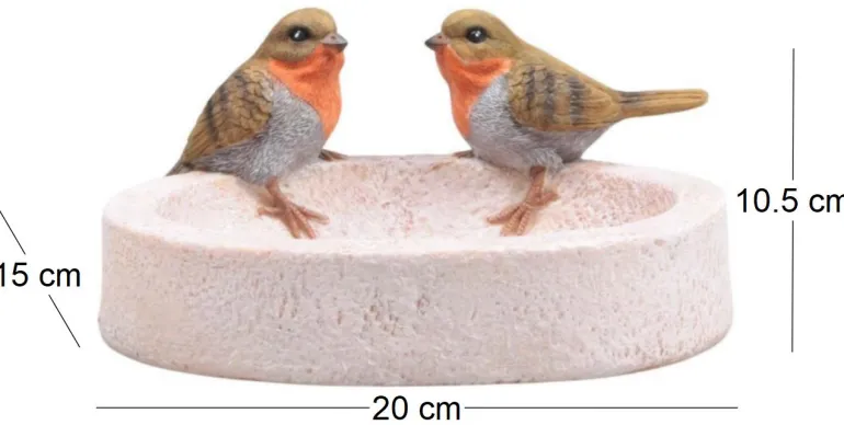 Bain oiseau en résine avec oiseaux 20 x 15 x 10.5 cm (Rouge gorge)