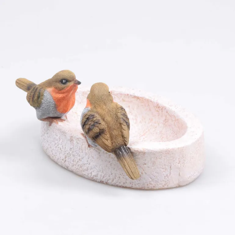 Bain oiseau en résine avec oiseaux 20 x 15 x 10.5 cm (Rouge gorge)