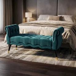 Banc en tissu Paris 120 x 40 x 60 cm (Bleu sarcelle - Noir et Doré)