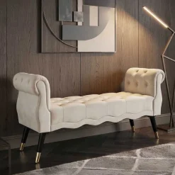 Banc en tissu Paris 120 x 40 x 60 cm (Crème - Noir et Doré)