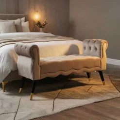 Banc en tissu Paris 120 x 40 x 60 cm (Gris - Noir et Doré)