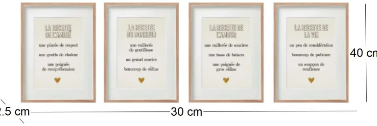 Cadre Recette Amour, Bonheur, Amitié, Vie (Lot de 4)