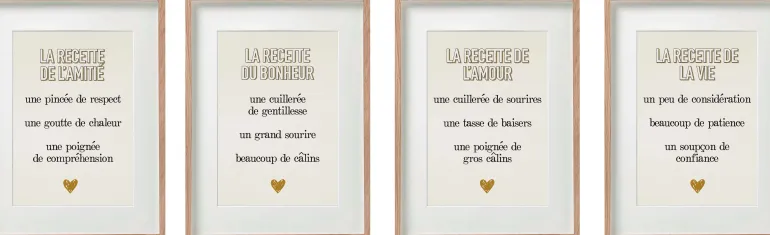 Cadre Recette Amour, Bonheur, Amitié, Vie (Lot de 4)