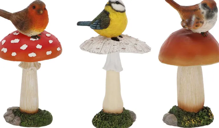 Champignons assortis avec oiseau en polyrésine (Lot de 3) (Taille L)