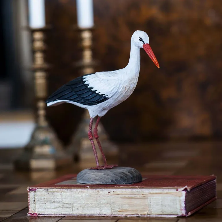 Cigogne en bois sculptée à la main 16 x 6.5 x 21 cm