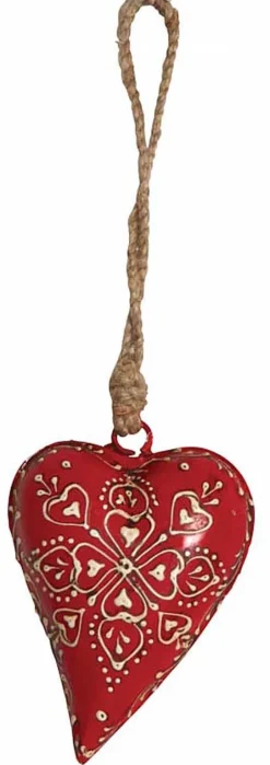 Coeur rouge en métal et corde à suspendre (8 cm)