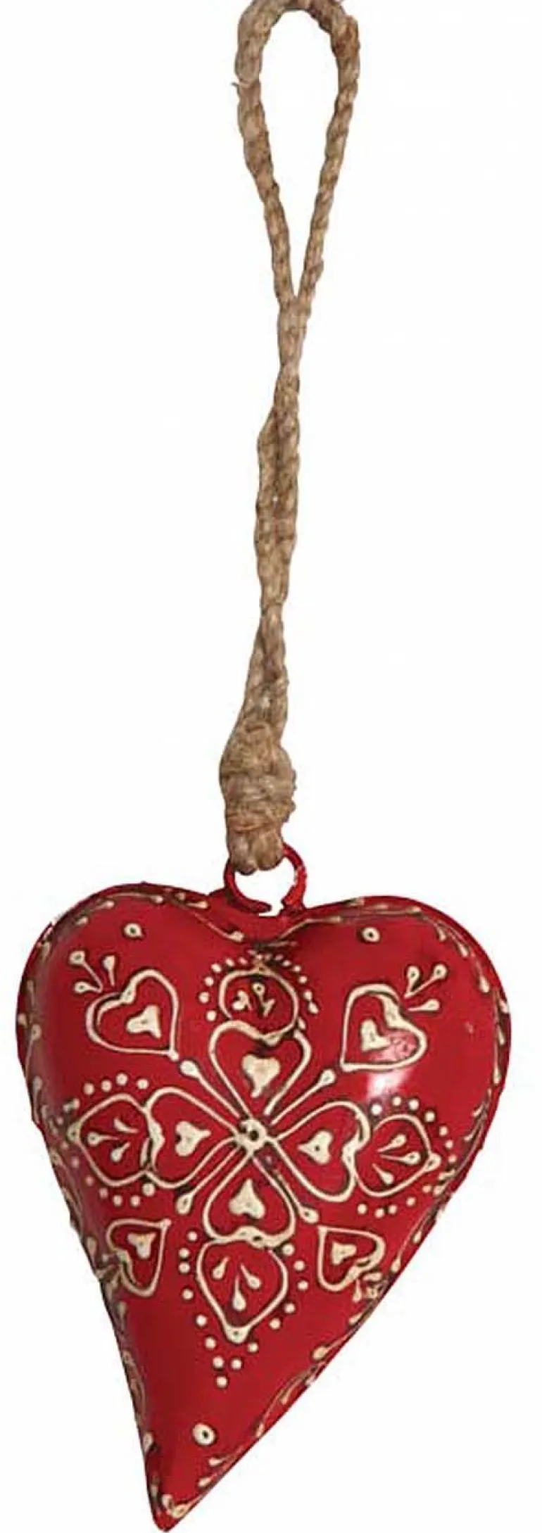 Coeur rouge en métal et corde à suspendre (8 cm)
