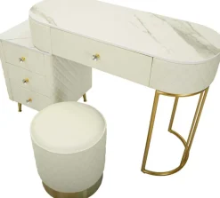 Coiffeuse effet matelassé avec tabouret Sharon (Blanc et doré)