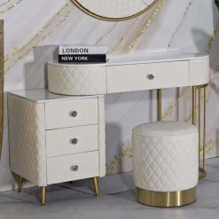Coiffeuse effet matelassé avec tabouret Sharon (Blanc et doré)