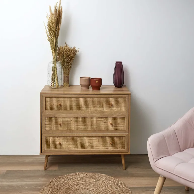 Commode cannage et bois 3 tiroirs Bali