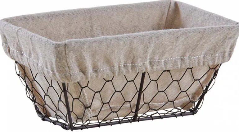 Corbeille rectangulaire en grillage vieilli et jute