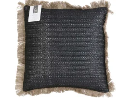 Coussin à franges en raphia 40 cm (Noir)