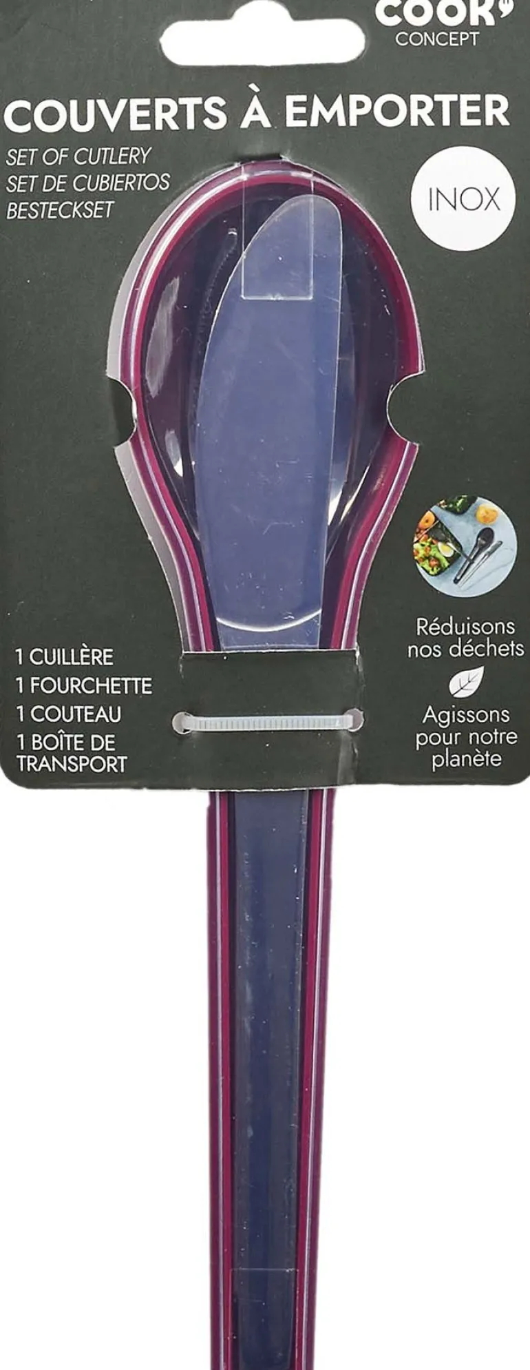 Couverts à emporter tout en un acier inoxydable (Etui bordeaux)