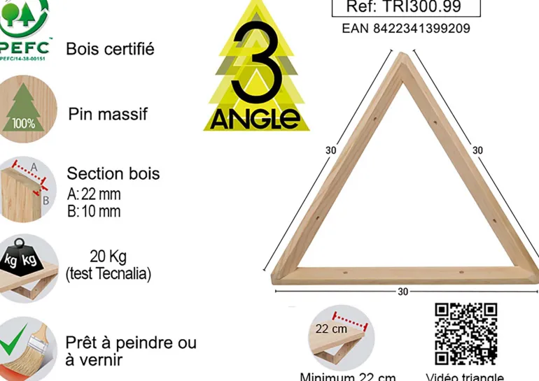 Equerre triangle en pin brut (30 cm)