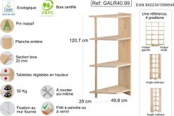 Etagère d'angle en pin brut Gala (4 tablettes)