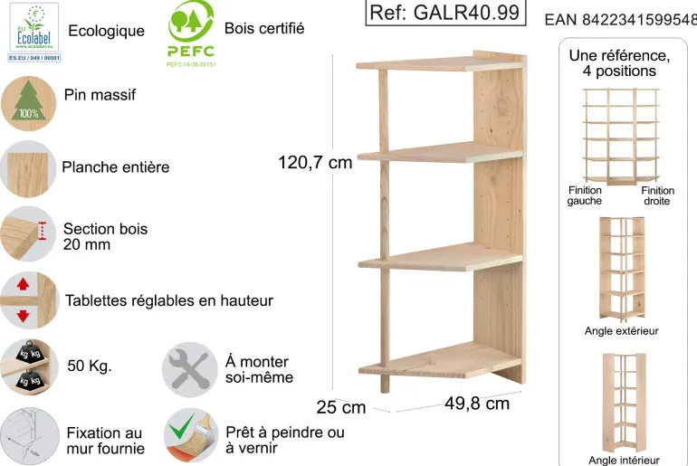 Etagère d'angle en pin brut Gala (4 tablettes)