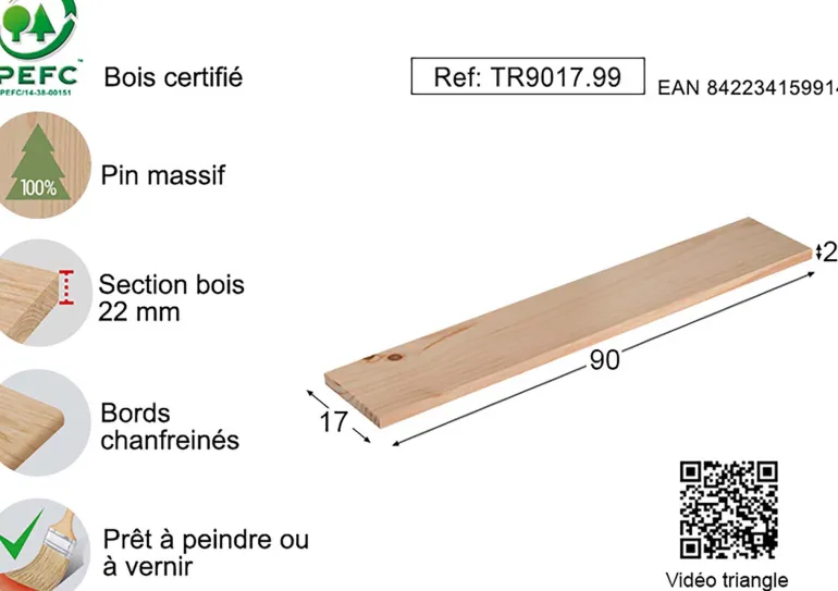 Etagère tablette murale en pin brut (90 x 17 cm)