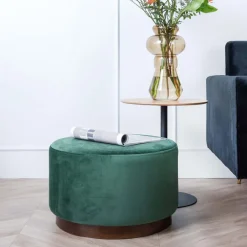 Grand pouf rond en velours et bois (Vert foncé)