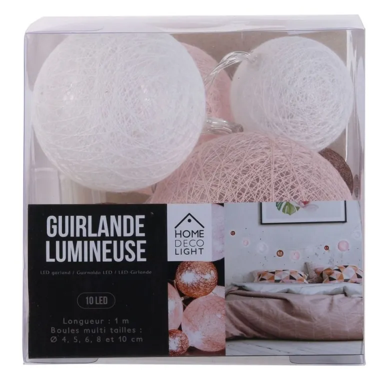 Guirlande lumineuse boules colorées 10 leds multi-tailles (Rose)