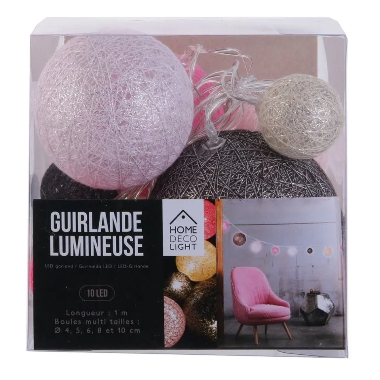 Guirlande lumineuse boules colorées 10 leds multi-tailles (Fuschia)