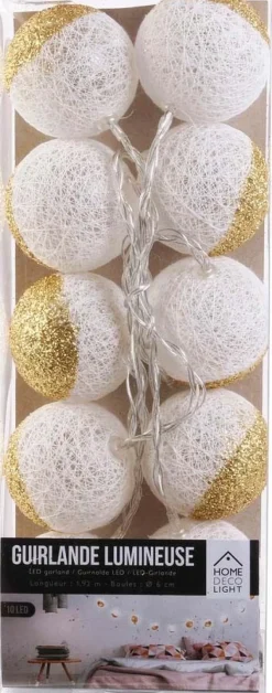 Guirlande lumineuse boules pailletées 10 leds (Blanc, Doré)