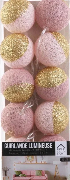 Guirlande lumineuse boules pailletées 10 leds (Rose, Doré)