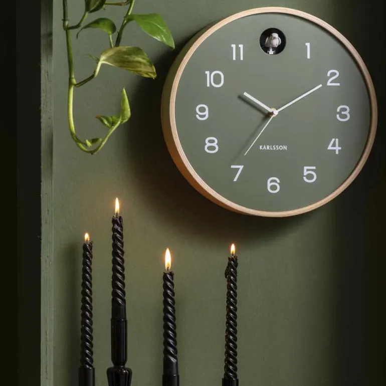Horloge en bois de bouleau Natural Cuckoo (Vert jungle)