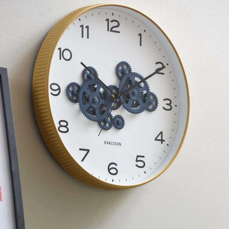 Horloge murale ronde Open Gear (Jaune ocre et bleu foncé)