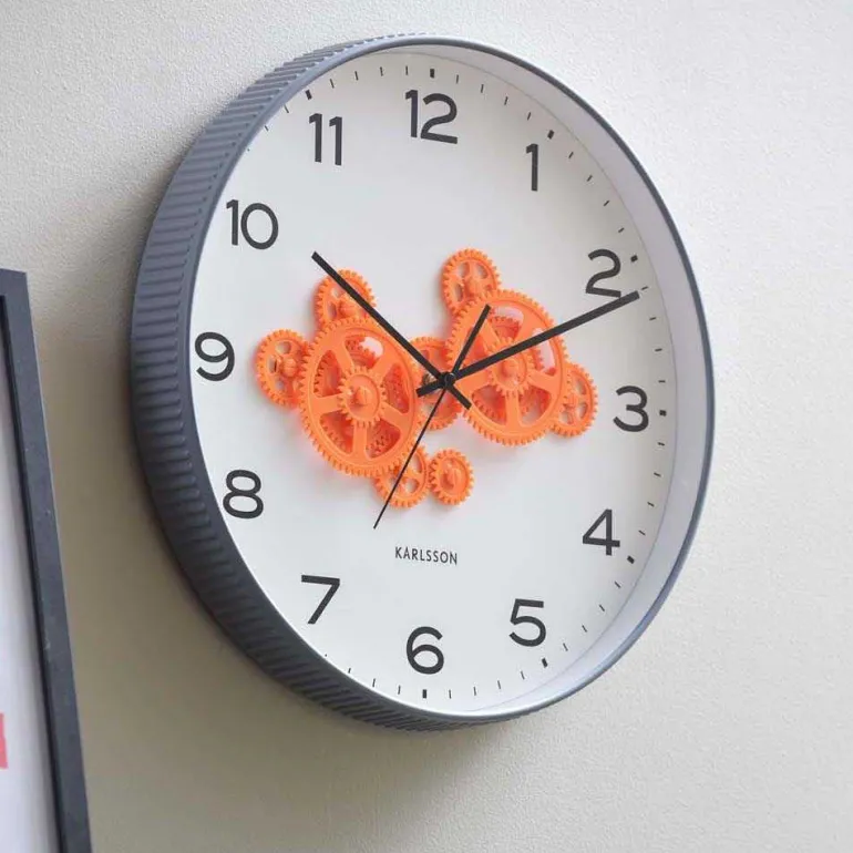 Horloge murale ronde Open Gear (Gris souris et orange)