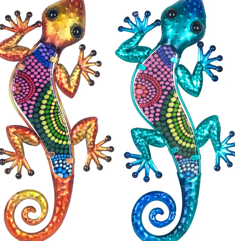 (Lot de 2)Gecko décoratif en métal et verre avec points colorés