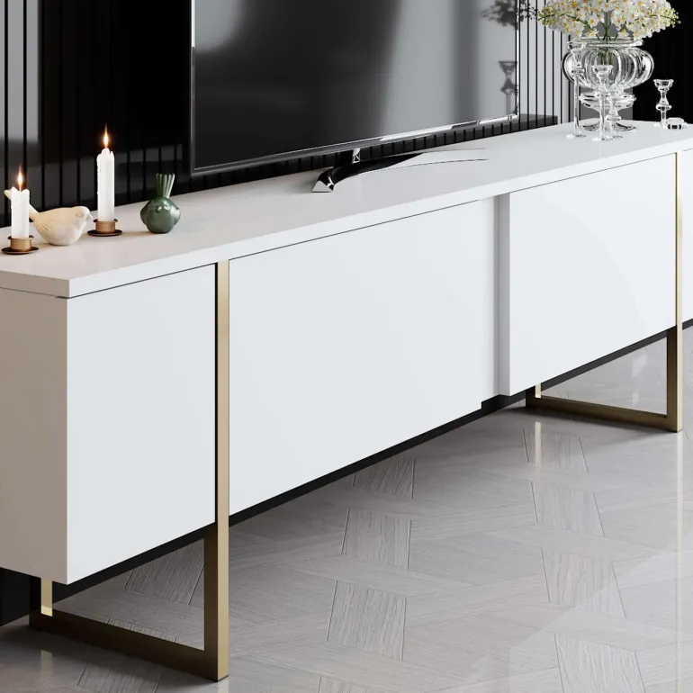 Meuble TV en aggloméré et métal Luxe (Blanc + doré)