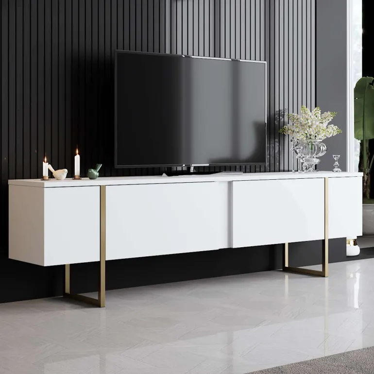 Meuble TV en aggloméré et métal Luxe (Blanc + doré)