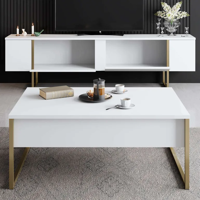 Meuble TV en aggloméré et métal Luxe (Blanc + doré)