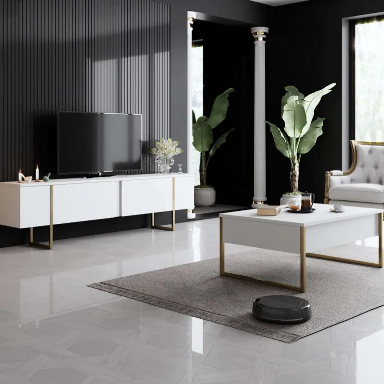 Meuble TV en aggloméré et métal Luxe (Blanc + doré)