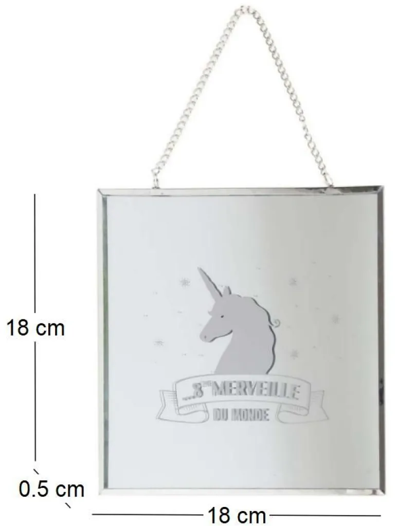 Miroir carré avec chainette licorne (Argent)