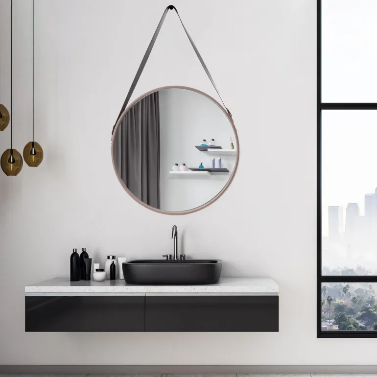 Miroir rond avec anse en PU Barber (50 cm)