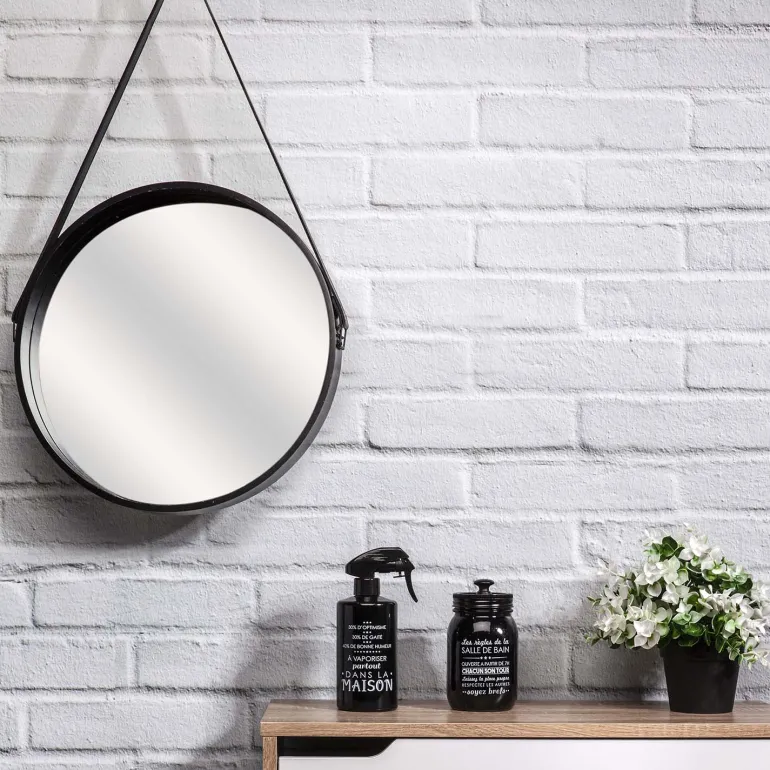 Miroir rond avec anse en PU 40 cm