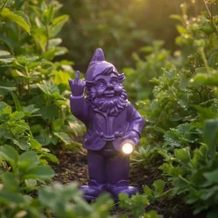 Nain de jardin en résine F*ck avec éclairage solaire 16 x 12 x 31 cm (Violet)