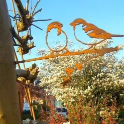 Oiseaux sur pique couple de moineaux en acier corten (Hauteur 14cm)