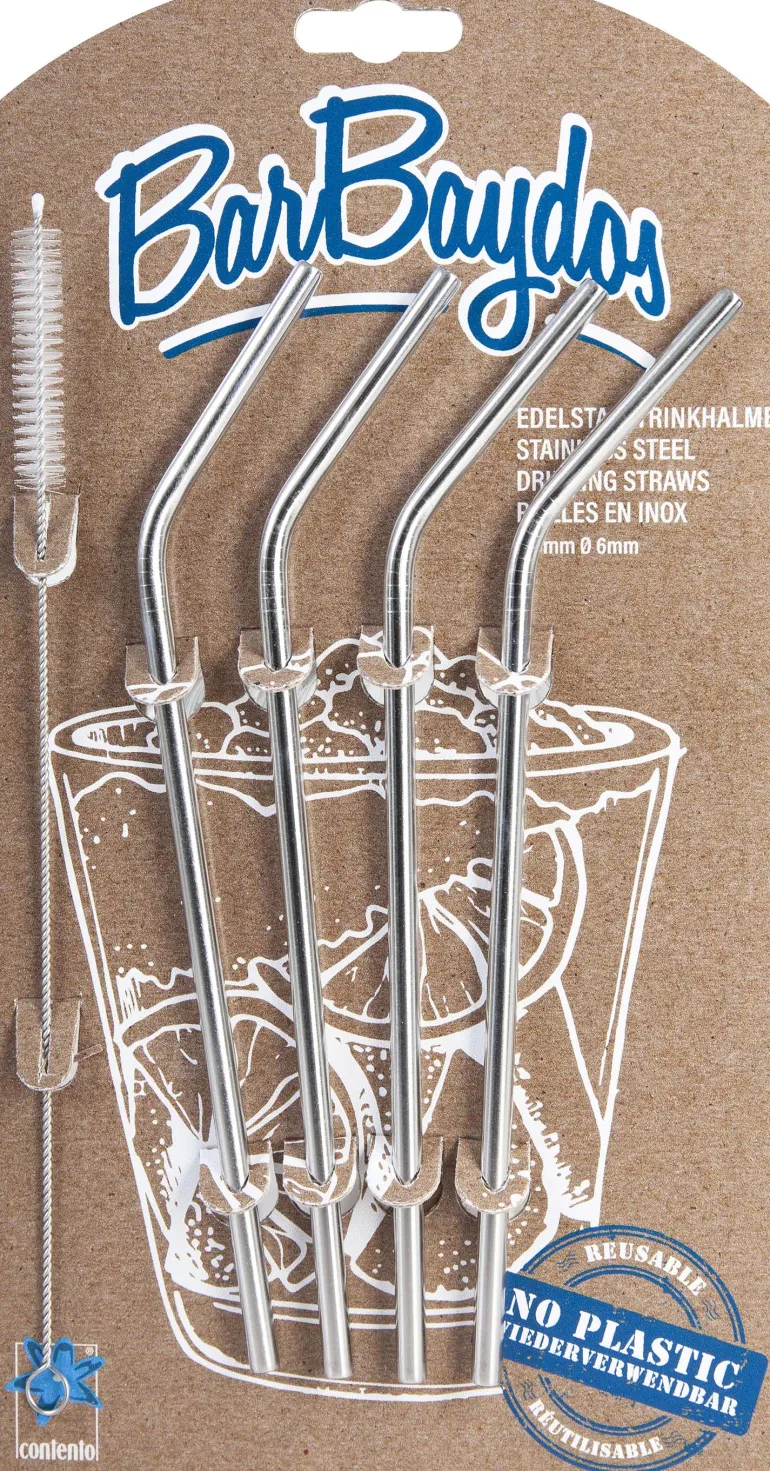 4 pailles courbées en inox avec goupillon