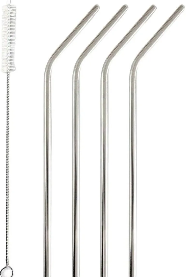 4 pailles courbées en inox avec goupillon