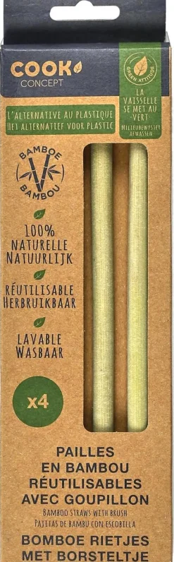 4 pailles en bambou avec goupillon