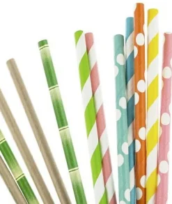 Pailles imprimées fantaisies en papier (Lot de 50) (Rayures pastels)