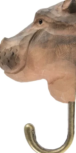 Patère animal en bois sculpté à la main et métal (Hippopotame)
