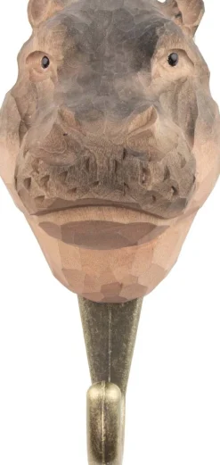 Patère animal en bois sculpté à la main et métal (Hippopotame)