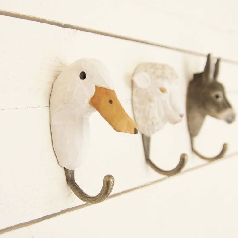 Patère animal en bois sculpté à la main et métal (Canard)