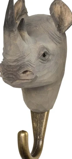 Patère animal en bois sculpté à la main et métal (Rhinocéros)