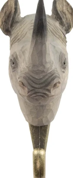 Patère animal en bois sculpté à la main et métal (Rhinocéros)