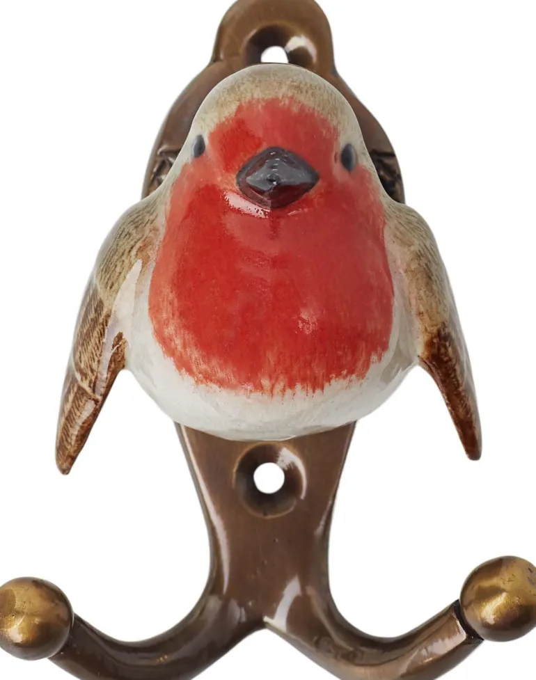 Patère animal en porcelaine 2 crochets (Rouge gorge)